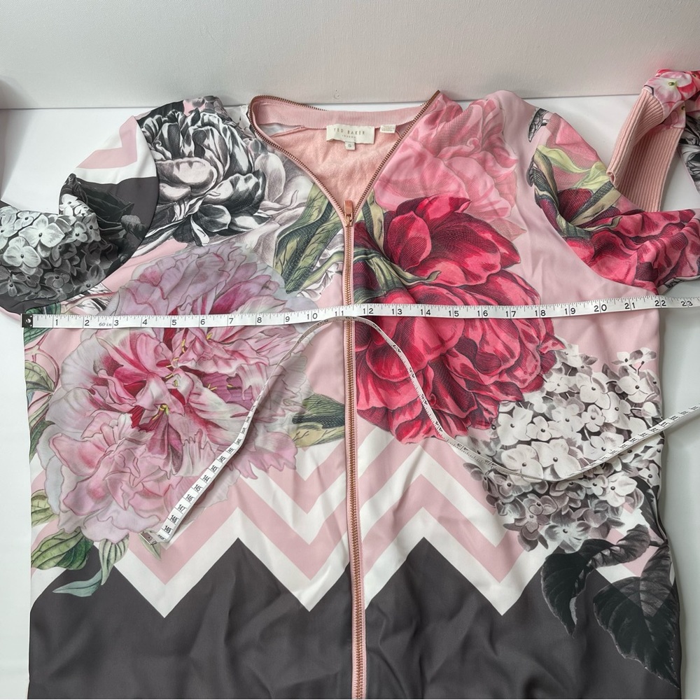 Ted Baker Bomber Jacket Pink Gray Mixed Floral Print Knit Back, Size 5 (US 12) - Picture 15 of 15
